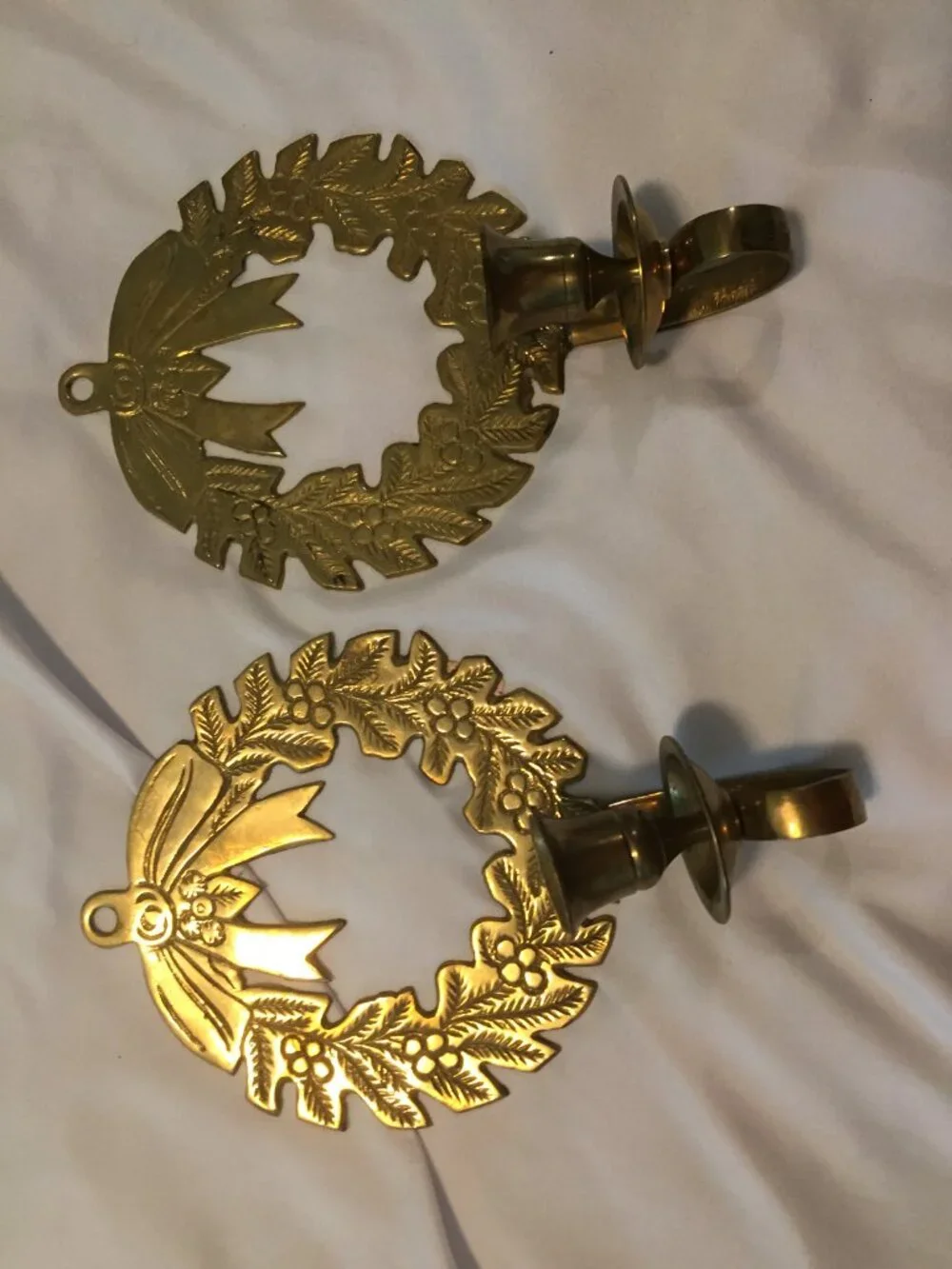 2 Vintage Hosley International Solid Brass Christmas Wreath Wall Candle Sconce